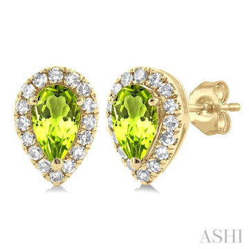 5x3 MM Pear Shape Peridot and 1/8 Ctw Single Cut Diamond Halo Semi-Precious Stud Earrings in 14K Yellow Gold